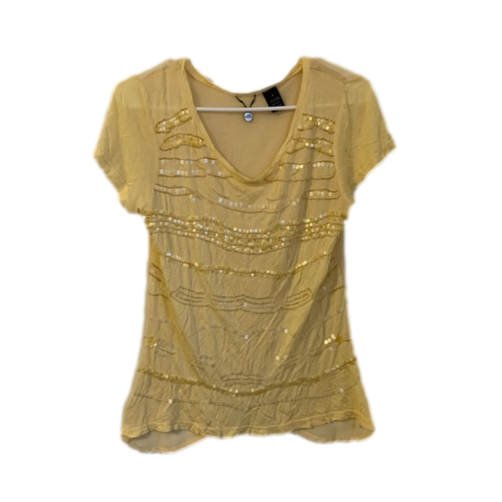 BKE Yellow Sequin Short Sleeve Blouse Size Small